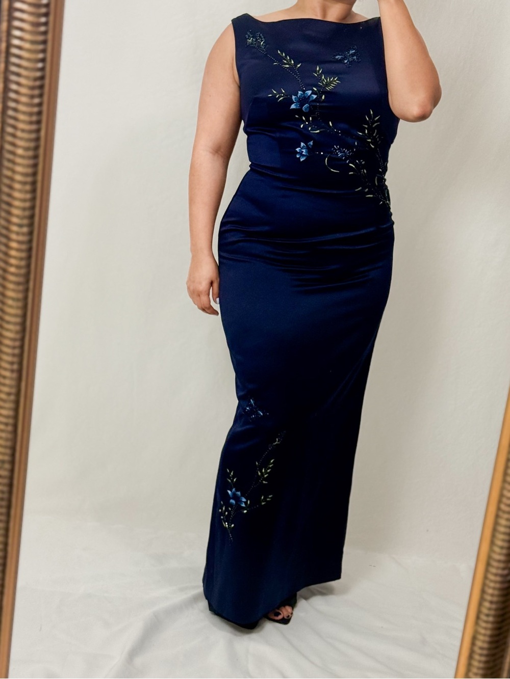 Navy Sleeveless Floral Embroidered Evening Gown